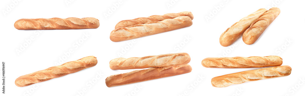 Set with freshly baked tasty baguettes on white background. Banner design Set with freshly baked tasty baguettes on white background. Banner design