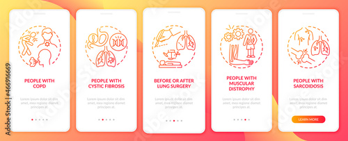 Who needs pulmonary rehabilitation red gradient onboarding mobile app page screen. Walkthrough 5 steps graphic instructions with concepts. UI  UX  GUI vector template with linear color illustrations