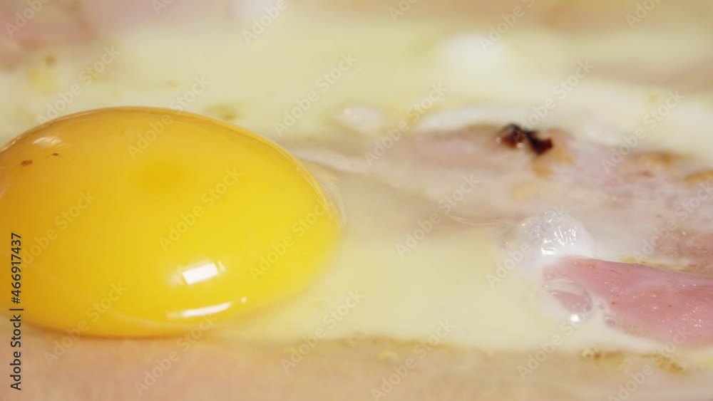 Fried eggs and bacon in a pan, close-up Fried eggs and bacon in a pan, close-up