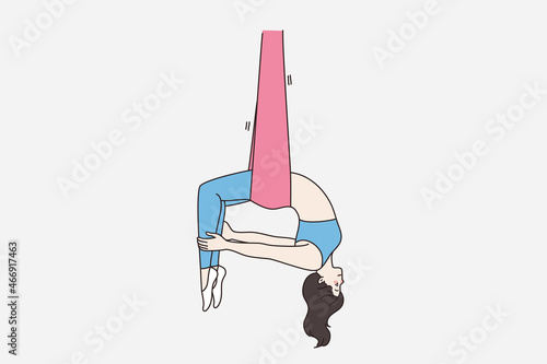 Toned sporty woman in sportswear hanging in hammock do fly yoga in gym. Fit girl train exercise meditate in air in fitness club. Healthy lifestyle, workout concept. Flat vector illustration. 