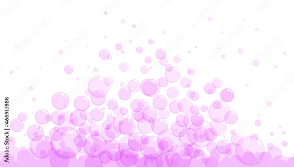 Soap bubbles in cartoon style. A foam sample with pink round shapes. Vector illustration of a card with shampoo or drinking foam. Simple soap background. Oxygen circles fly up