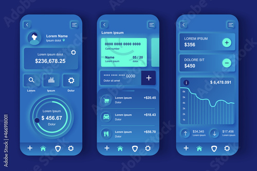 Online banking concept neumorphic templates set. Management and accounting personal finance, payment, transaction. UI, UX, GUI screens for responsive mobile app. Vector design kit in neumorphism style