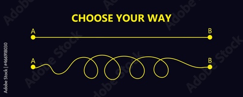 Set of difficult and easy simple way process from start to end. Vector card illustration with path to success outline art concept. The road from point a to point b. Right and wrong way with messy line