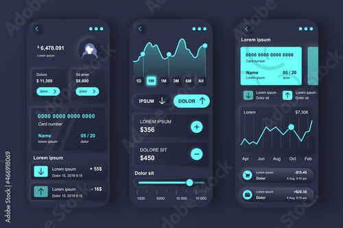 Online banking concept neumorphic templates set. Personal financial account interface with analytics information. UI, UX, GUI screens for responsive mobile app. Vector design kit in neumorphism style
