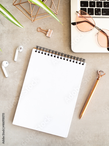 Feminine fancy desktop with spiral notebook mockup. Business management concept, top view flat lay