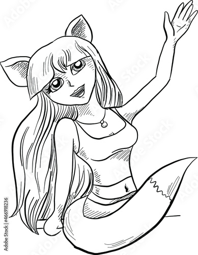 vector fox girl with shadows waving hand and says hello  