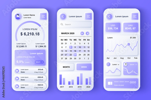 Finance services concept neumorphic templates set. Online banking, income statistics, planning and investments. UI, UX, GUI screens for responsive mobile app. Vector design kit in neumorphism style