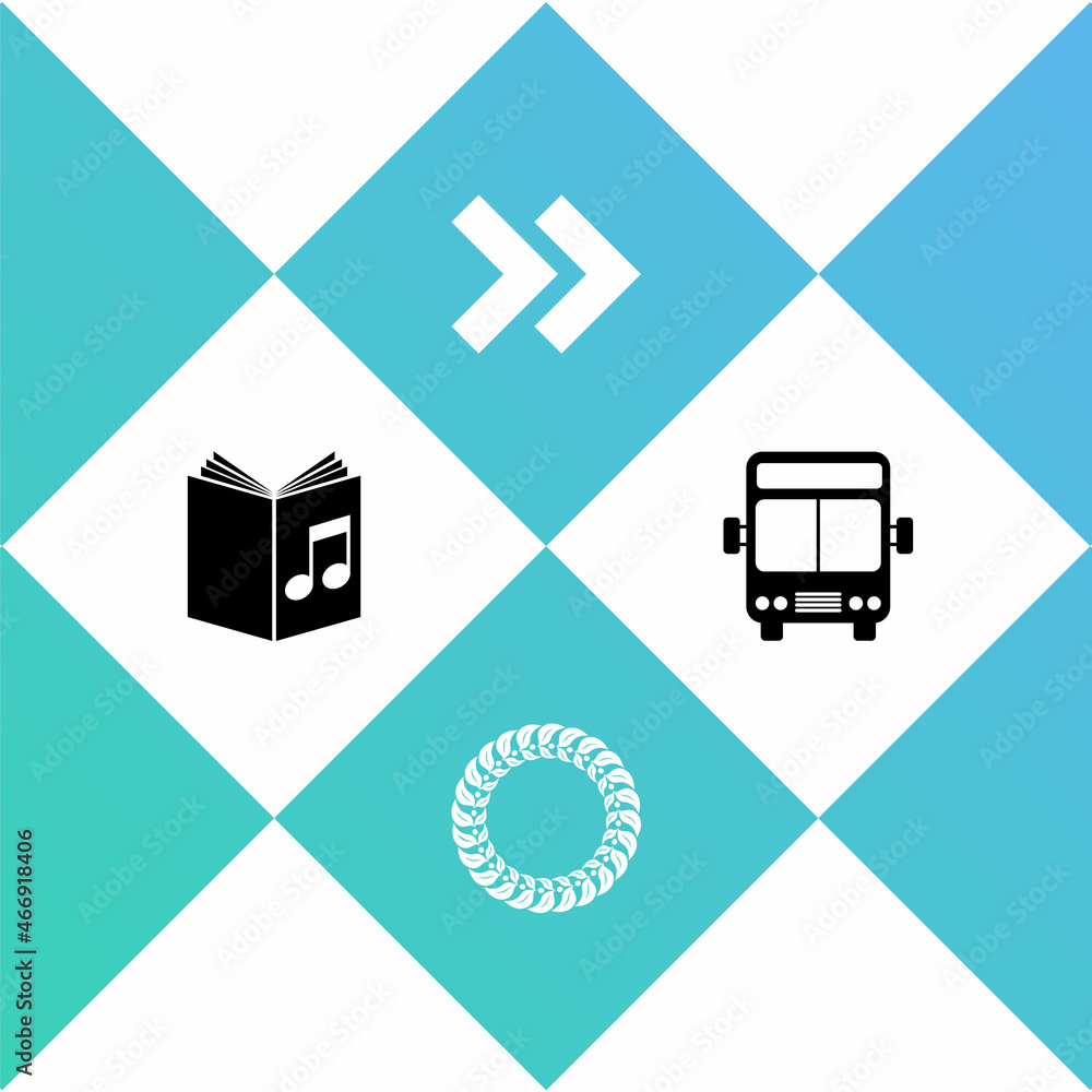 Set Audio book, Laurel wreath, Arrow and Bus icon. Vector Set Audio book, Laurel wreath, Arrow and Bus icon. Vector