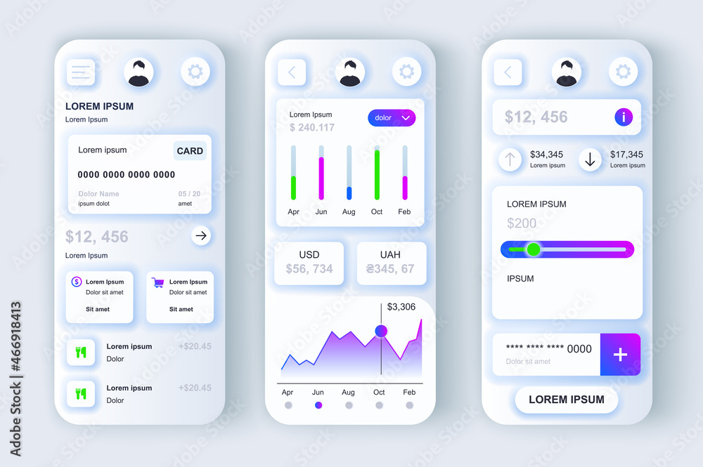 Finance services concept neumorphic templates set. Credit card service ...