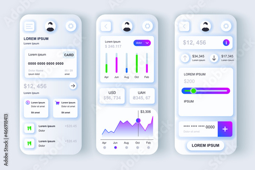 Finance services concept neumorphic templates set. Credit card service and monitoring of expenses and income. UI, UX, GUI screens for responsive mobile app. Vector design kit in neumorphism style