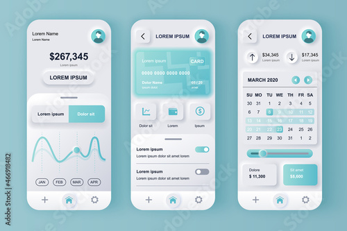 Finance services concept neumorphic templates set. Financial transactions in online banking smartphone interface. UI, UX, GUI screens for responsive mobile app. Vector design kit in neumorphism style