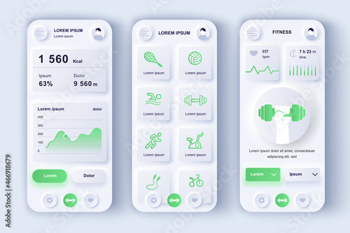 Fitness workout concept neumorphic templates set. Calorie tracker, different sports training, statistics data. UI, UX, GUI screens for responsive mobile app. Vector design kit in neumorphism style