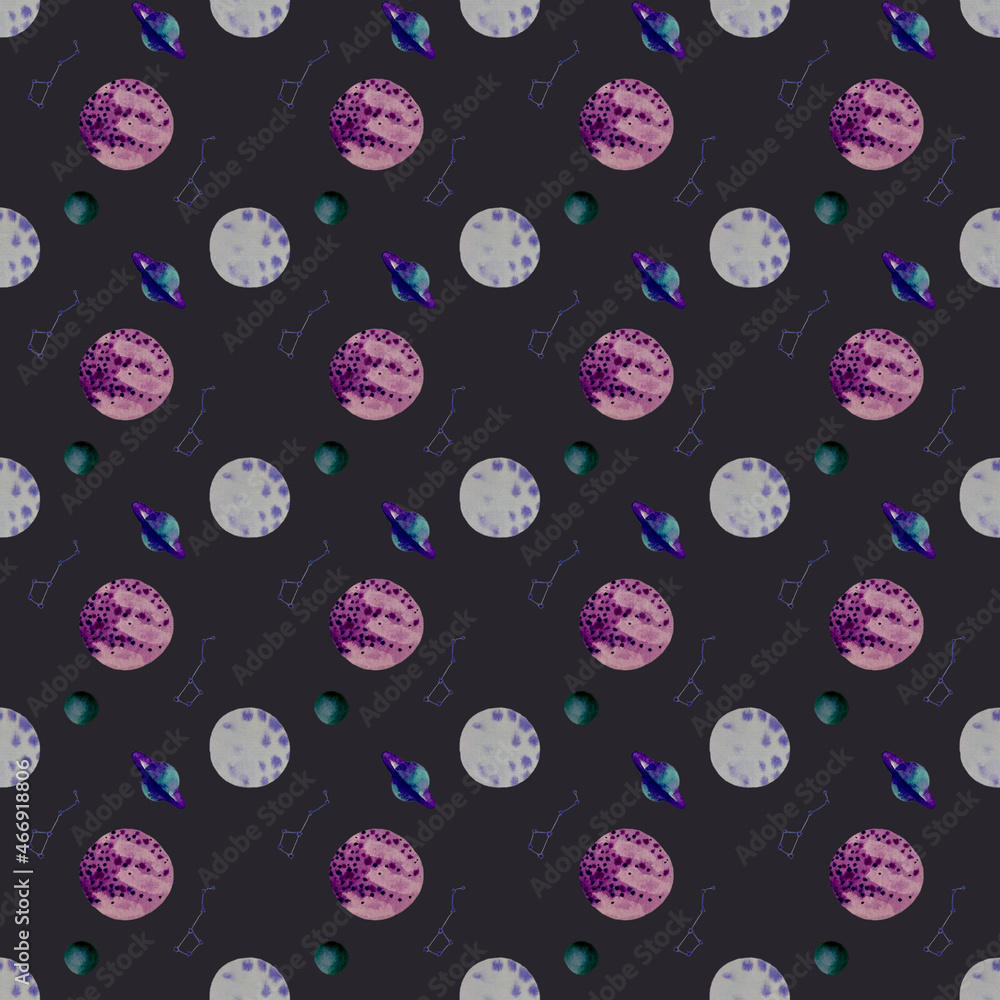 Seamless pattern with watercolor planets on a dark background. Illustration in Jpeg format. Illustration in high quality for printing on fabric, on leather, on wallpaper. Seamless pattern with watercolor planets on a dark background. Illustration in Jpeg format. Illustration in high quality for printing on fabric, on leather, on wallpaper.