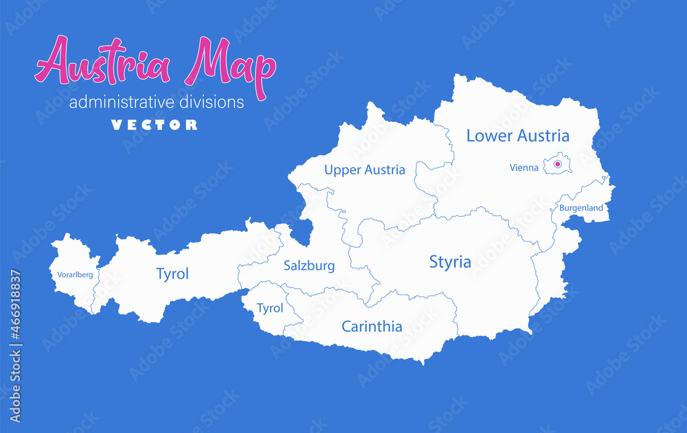 Austria map, administrative divisions whit names regions, blue background vector