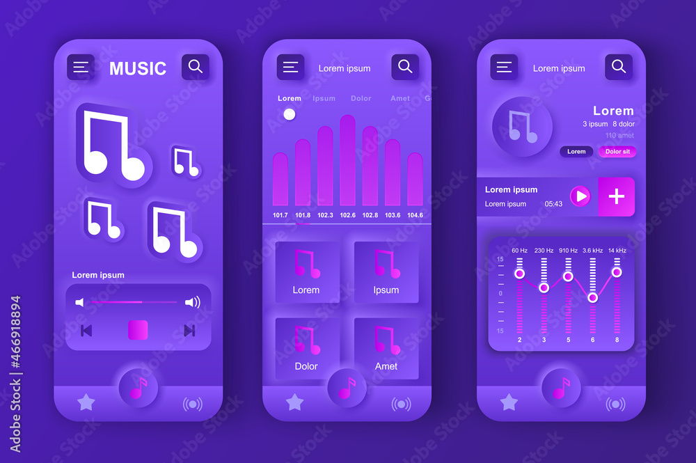 Music player concept neumorphic templates set. Navigation and interface ...