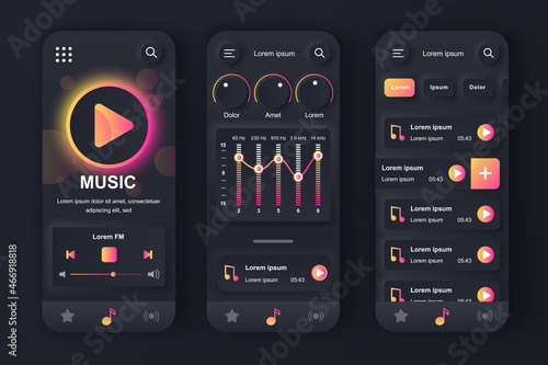 Music player concept neumorphic templates set. Play songs, equalizer settings, playlist, navigation elements. UI, UX, GUI screens for responsive mobile app. Vector design kit in neumorphism style