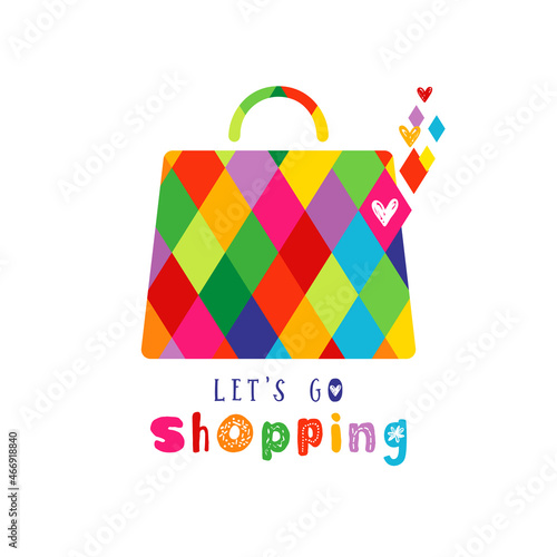Shopping icon creative concept.  Handbag shape with geometric colorful texture in vector mask. Shopping bag logo idea. Bright lettering Let's Go Shopping. Isolated abstract graphic design template.