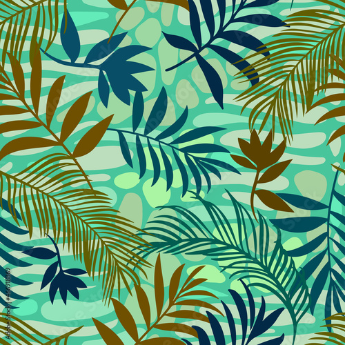 Botanical seamless pattern mixed with geometric shapes brush strokes texture. Exotic sprigs and leafage. Floral background made of herbal foliage and leaves for fashion, textile and fabric.
