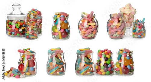 Glass jars with different candies on white background  collage. Banner design