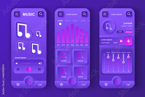 Music player concept neumorphic templates set. Navigation and interface elements with notes symbols, play songs. UI, UX, GUI screens for responsive mobile app. Vector design kit in neumorphism style