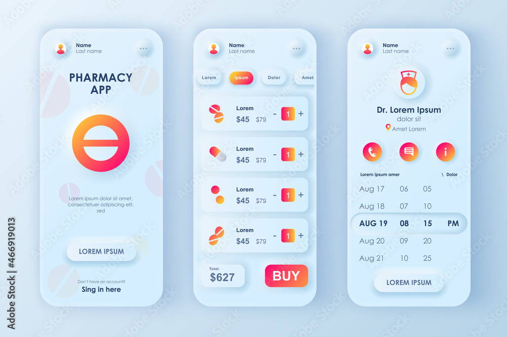 Online pharmacy concept neumorphic templates set. Choose and buy of tablets and medicines, payment for order. UI, UX, GUI screens for responsive mobile app. Vector design kit in neumorphism style Online pharmacy concept neumorphic templates set. Choose and buy of tablets and medicines, payment for order. UI, UX, GUI screens for responsive mobile app. Vector design kit in neumorphism style