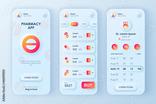 Online pharmacy concept neumorphic templates set. Choose and buy of tablets and medicines, payment for order. UI, UX, GUI screens for responsive mobile app. Vector design kit in neumorphism style