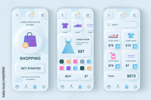 Online shopping concept neumorphic templates set. Clothes and shoes store web page, purchase of goods, payment. UI, UX, GUI screens for responsive mobile app. Vector design kit in neumorphism style