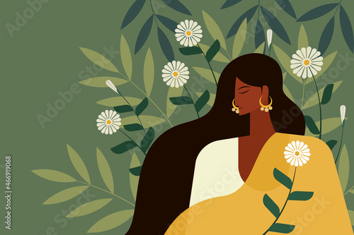 Illustration of an Indian girl wearing traditional dress against a floral background