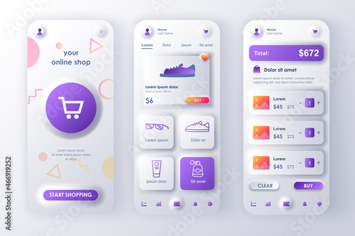 Online shopping concept neumorphic templates set. Store website with products, marketplace at mobile platform. UI, UX, GUI screens for responsive mobile app. Vector design kit in neumorphism style