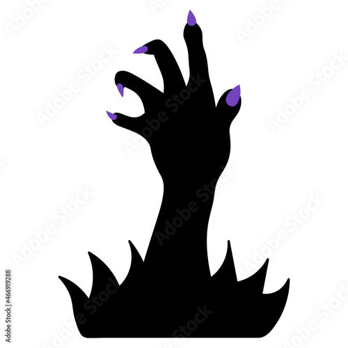 Silhouette of a paw with purple claws. The dead man's hand is selected from the thicket of grass. Gnarled fingers with sharp nails. The ominous zombie palm made its way to the surface. Vector 