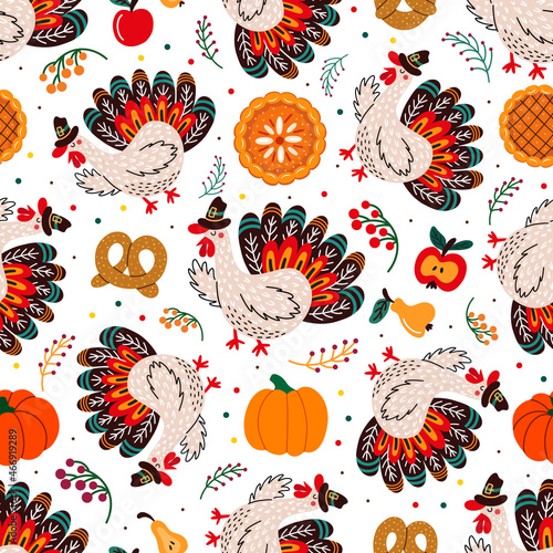 Cartoon turkey and various Thanksgiving celebration food forming seamless pattern on white background