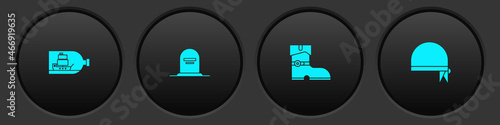 Set Bottle with ship inside, Tombstone RIP written, Leather pirate boots and Pirate bandana for head icon. Vector