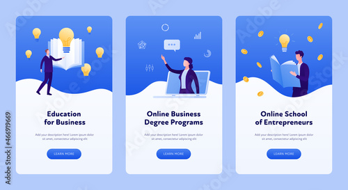 Online education for business concept. Vertical banner template. Vector flat modern illustration set. Collection of layout with male and female character. Money, laptop, lightbulb, book symbol.