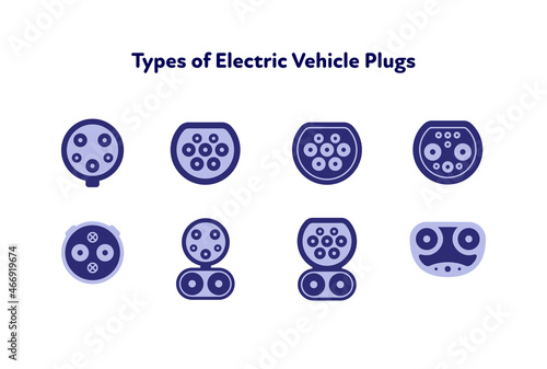 Electric car concept. Vector flat icon illustration. Set of blue color icons isolated on white background. Plug connector types to charge station. Front view. Design for ecology and transportation