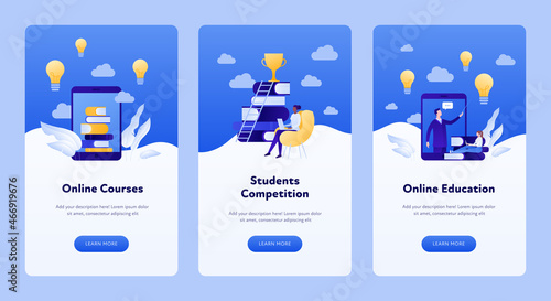 Online education for business concept. Vertical banner template. Vector flat modern illustration set. Collection of layout with male and female people. Lightbulb, book, trophy and ladder symbol