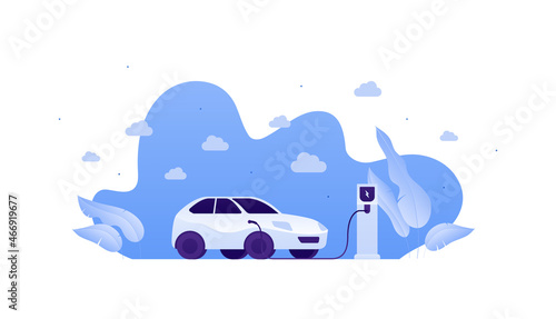 Electric car concept. Vector flat illustration. Vehicle connected by plug connector to recharge staion on blue sky background. Side view. Design for ecology and transportation