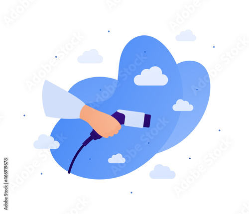 Electric car concept. Vector flat illustration. Human hand hold electro plug connector on blue sky background. Side view. Design for ecology and transportation
