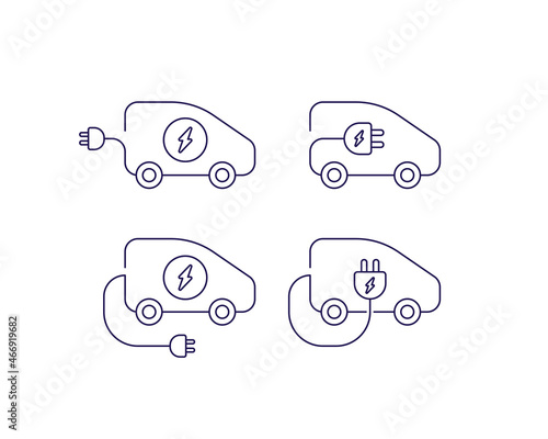 Electric car concept. Vector linear flat icon illustration. Set of vehicle with electro charge plug connector icons isolated on white background. Side view. Design for ecology and transportation