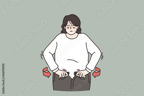 Unhappy overweight woman unable to fasten jeans, need lose weight for body keep fit. Fat female suffer from excessive bodyweight. Diet, healthy lifestyle concept. Flat vector illustration. 
