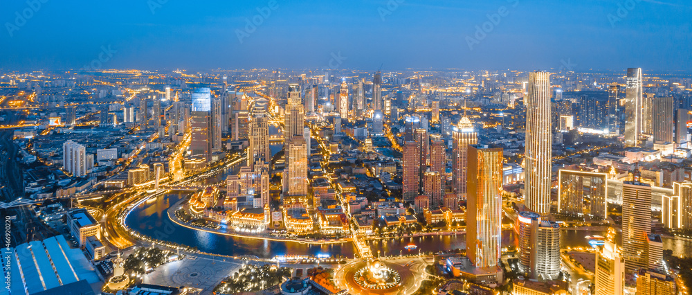 Aerial photography of Tianjin Jinwan Square and Century Clock CBD city skyline at night, China Aerial photography of Tianjin Jinwan Square and Century Clock CBD city skyline at night, China