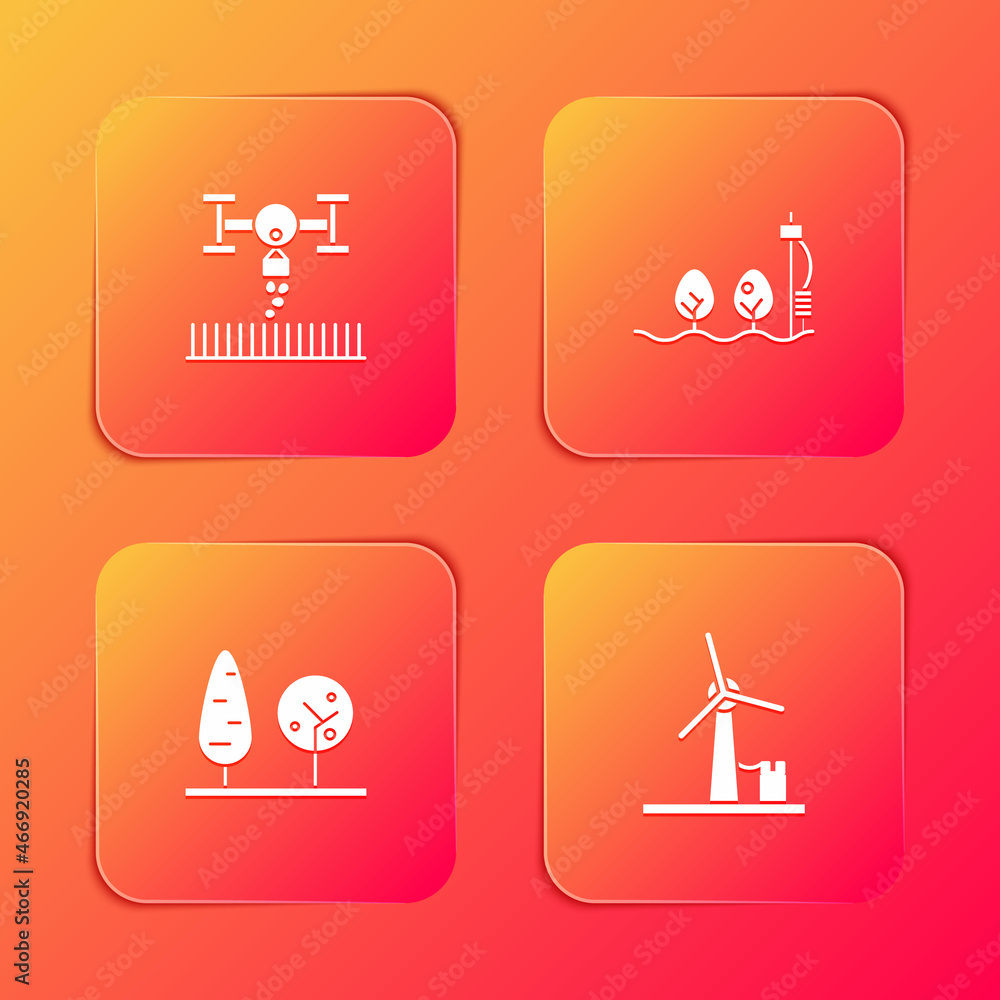 Set Smart farm with drone, Standalone sensor and plant, Trees and Wind turbine icon. Vector Set Smart farm with drone, Standalone sensor and plant, Trees and Wind turbine icon. Vector