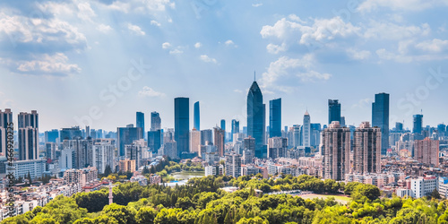 A clear view of the CBD buildings in Northwest Lake, Wuhan, Hubei, China