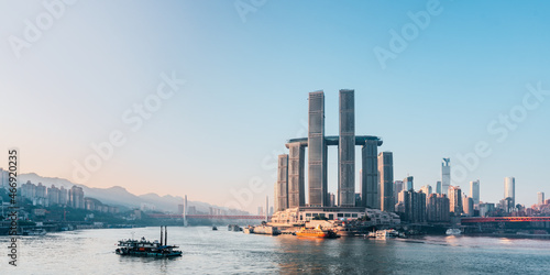 Early morning scenery of Chaotianmen Pier in Chongqing, China