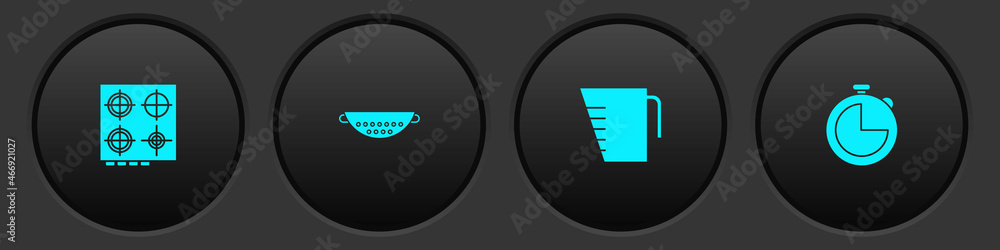 Set Gas stove, Kitchen colander, Measuring cup and timer icon. Vector Set Gas stove, Kitchen colander, Measuring cup and timer icon. Vector