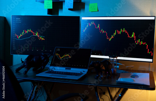 Focus on laptop chart, concept showing of trading setup with running candle stick charts of stock market shares on monitors for data analysis photo