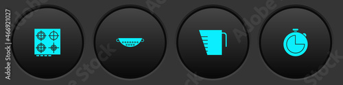 Set Gas stove, Kitchen colander, Measuring cup and timer icon. Vector