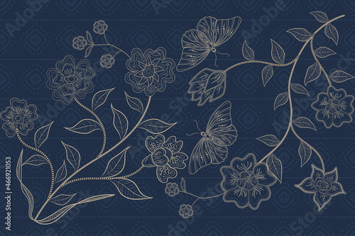 traditional batik style floral and butterfly line art. designs for textile fabrics and patterns