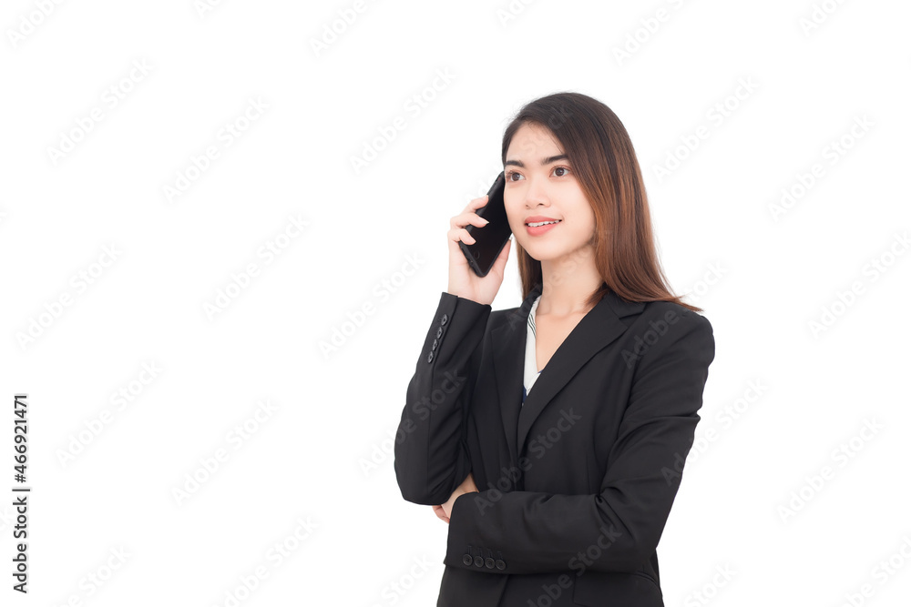 Beautiful woman in black suit Asian Thai people talking on the phone with white background Beautiful woman in black suit Asian Thai people talking on the phone with white background