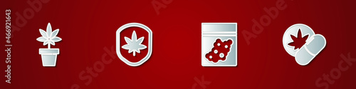 Set Marijuana or cannabis plant, Shield and marijuana leaf, Plastic bag of and Herbal ecstasy tablets icon. Vector