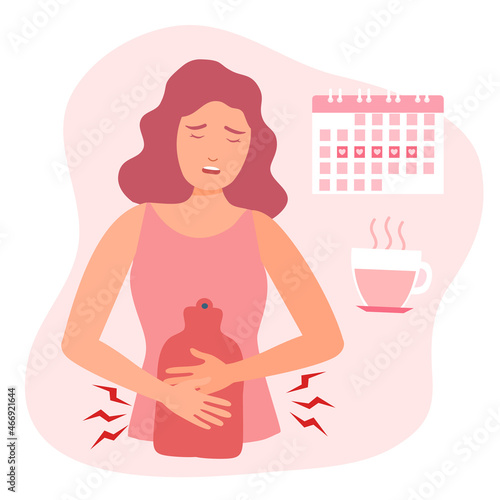 Woman having period pain concept vector illustration on white background. Menstrual cramps. Female relief pain with hot water bag and herbal tea.